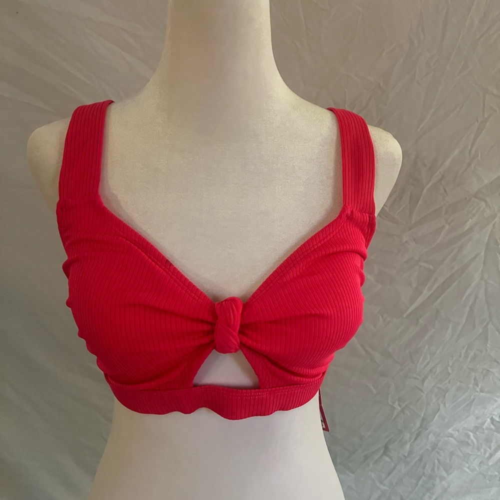 Coral Ribbed Knot Front Bathing Suit Top